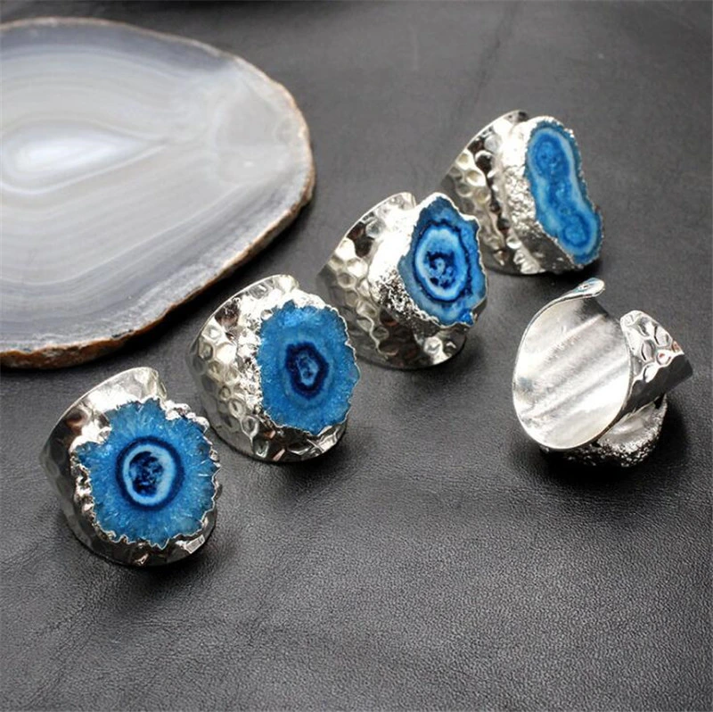 Wholesale/Supplier Natural Stone Agates Sunflower Crystal Geode Sun Agate Ring Plating Silver Irregular Ring