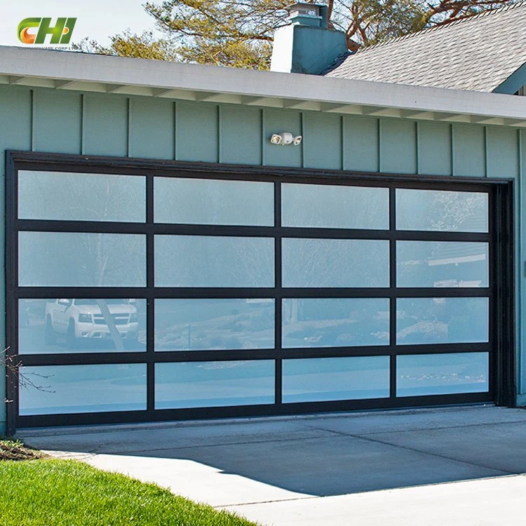 Automatic Aluminum Glass Garage Door Black Glass Sectional Roll up Glass Garage Door with Pedestrian Door