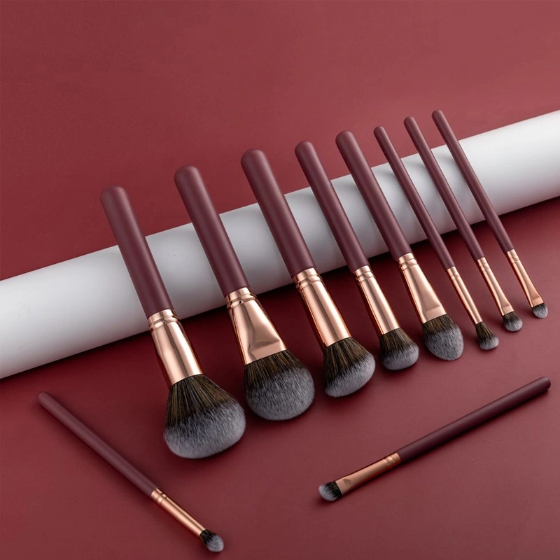 10PCS Red Handle Vegan High quality/High cost performance  Synthetic Hair Makeup Brush Set Beauty Tools