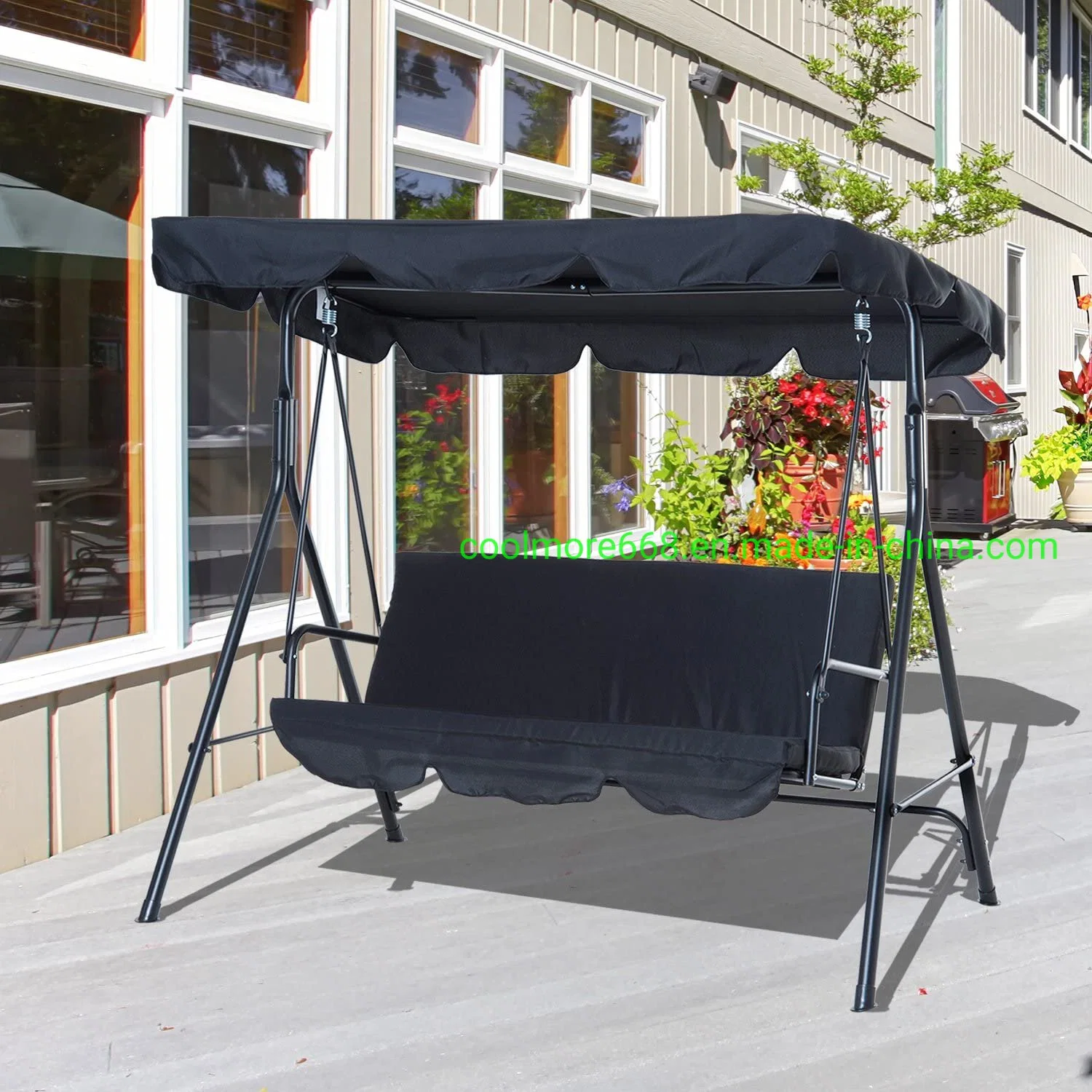 Swing Chair 3 Seater with Canopy, Garden Swing Cushioned Seat, Made with Strong Powder Coated Steel Frame - Black