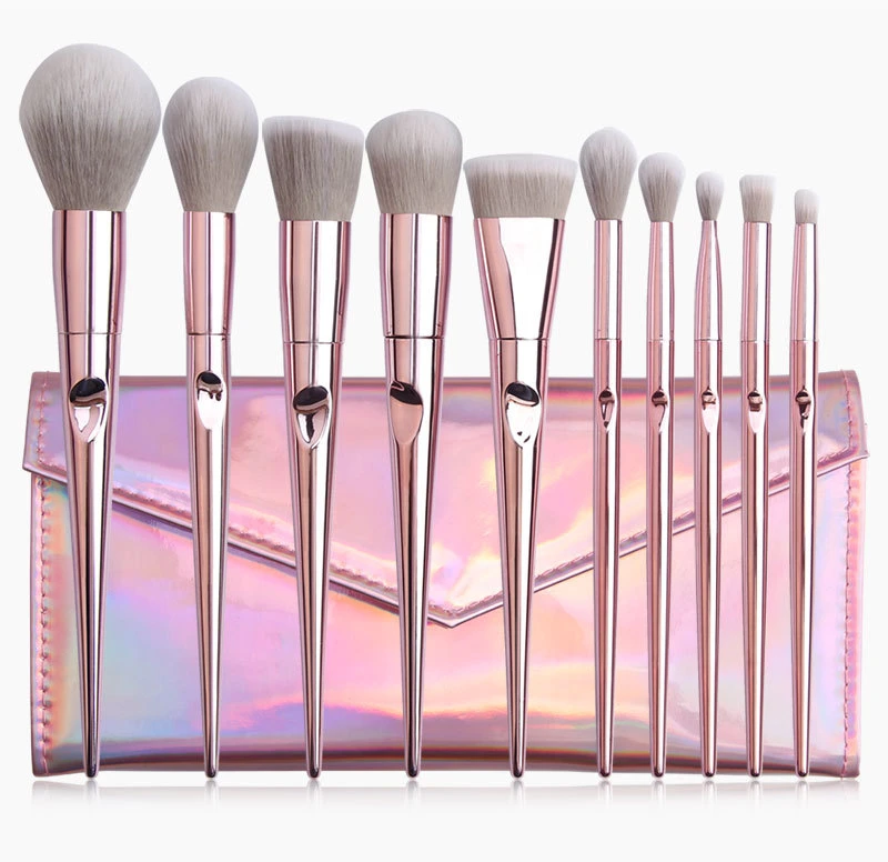 10 pcs Electroplate Pink Makeup (10 أجزاء من الملابس الوردية) فرش الشعر الخاص التسمية Premium التركيبي الشعر مجموعة فرشاة تجميلية