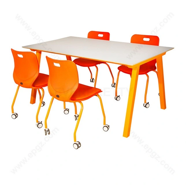 Library Furniture Colorful Wooden and Metal Reading Table with Movable Chair for School or Municipal Library