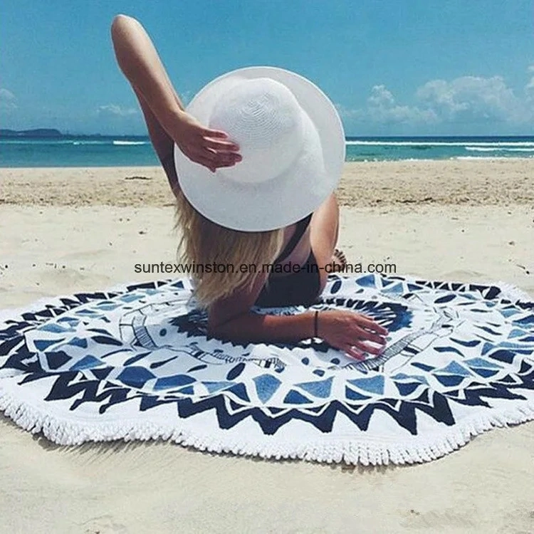 OEM Custom Print Microfiber Round Beach Towel Large Sand Free Microfiber Beach Towel with Tassels 150cm Diameter