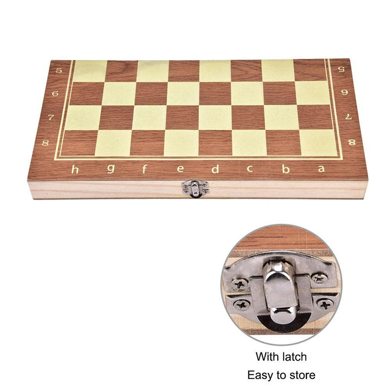 Coffret cadeau d'échecs en bois brun foncé de 34 cm avec échiquier de luxe à coutures à la main