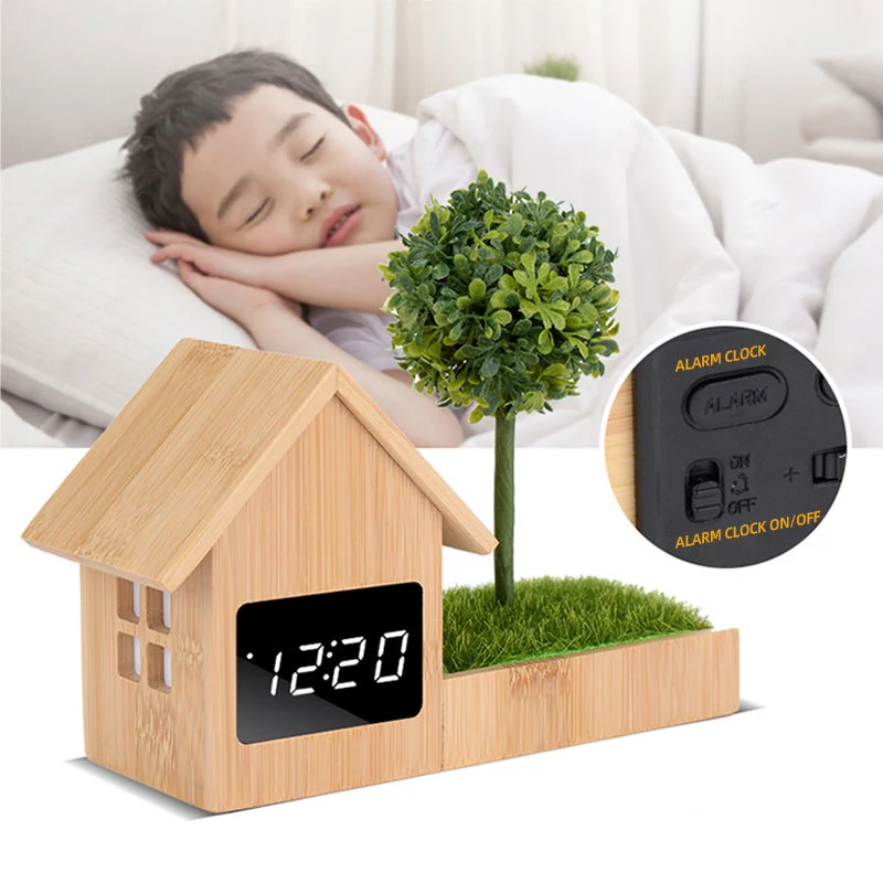 Custom Gift Home Decoration Real Bamboo House Shape Solid Wood Alarm Clock