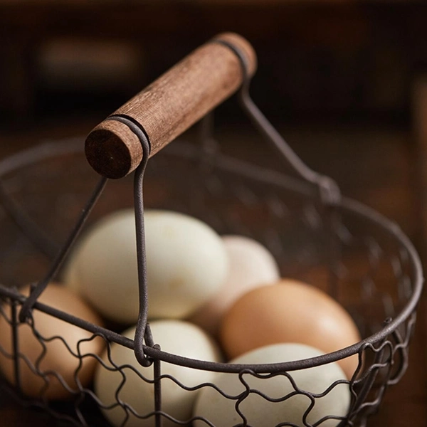 Metal Wire Egg Basket with Wooden Handle for Bread Snack Vegetable