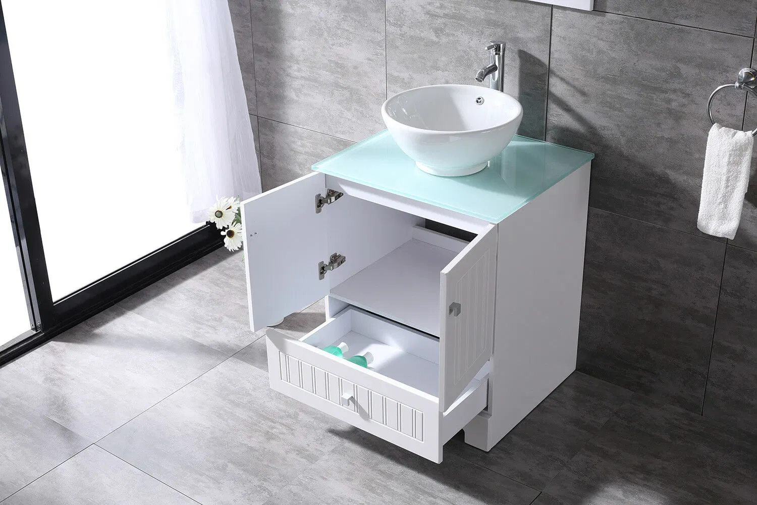 24" PVC Cuarto de baño de cerámica de vanidad buque fregadero superficie de cristal W/Conjunto de espejos Muebles de Baño blanco