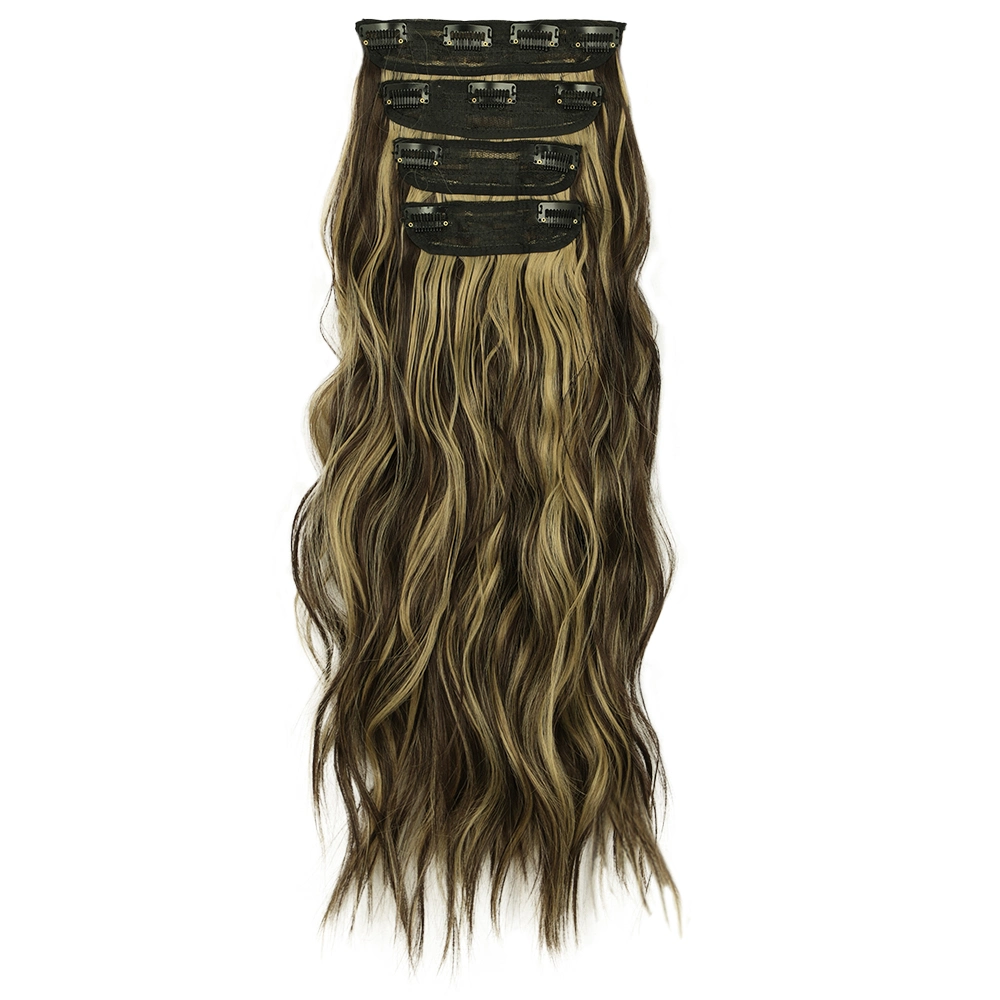 Kakiifashion Hair Popular Hair Product Long Wavy Ombre Blond Mixed Brown Synthetic Hairpiece 11 Clips 4 Pieces in Hair Extension