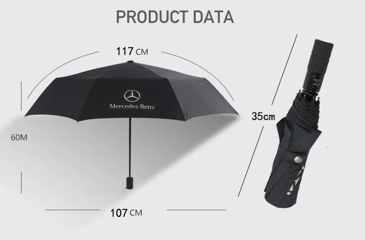 Usine chinoise Parapluie pliant automatique publicitaire 3 plis pour voiture, utilisable sous la pluie et le soleil, adapté aux voyages en plein air avec Volkswagen, Land Rover, Benz et BMW.