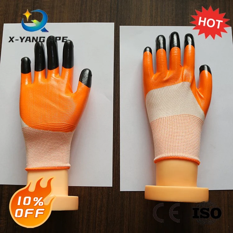 Factoryshop Polyester Lining 3/4 Half Nitrile Dipped Coated Strengthen Finger Tips Reinforced Hand Work Safety Breathable Gloves