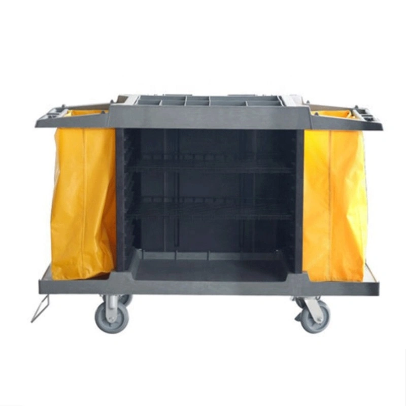 Commercial Multi-Functional Gray Plastic Hotel Cleaning Housekeeping Maid Room Service Cart Trolleys with Two Large Yellow Bags