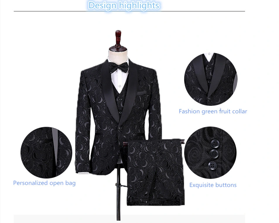 Men Jacket Three-Piece Wool Suits, Green Fruit Collar, Groom Wedding Dress, Self-Cultivation Youth Show Host Formal Apparel Made in China