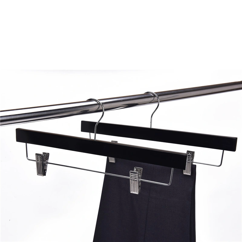 Custom Black Wooden Pants Hanger with Metal Anti-Slip Clamp