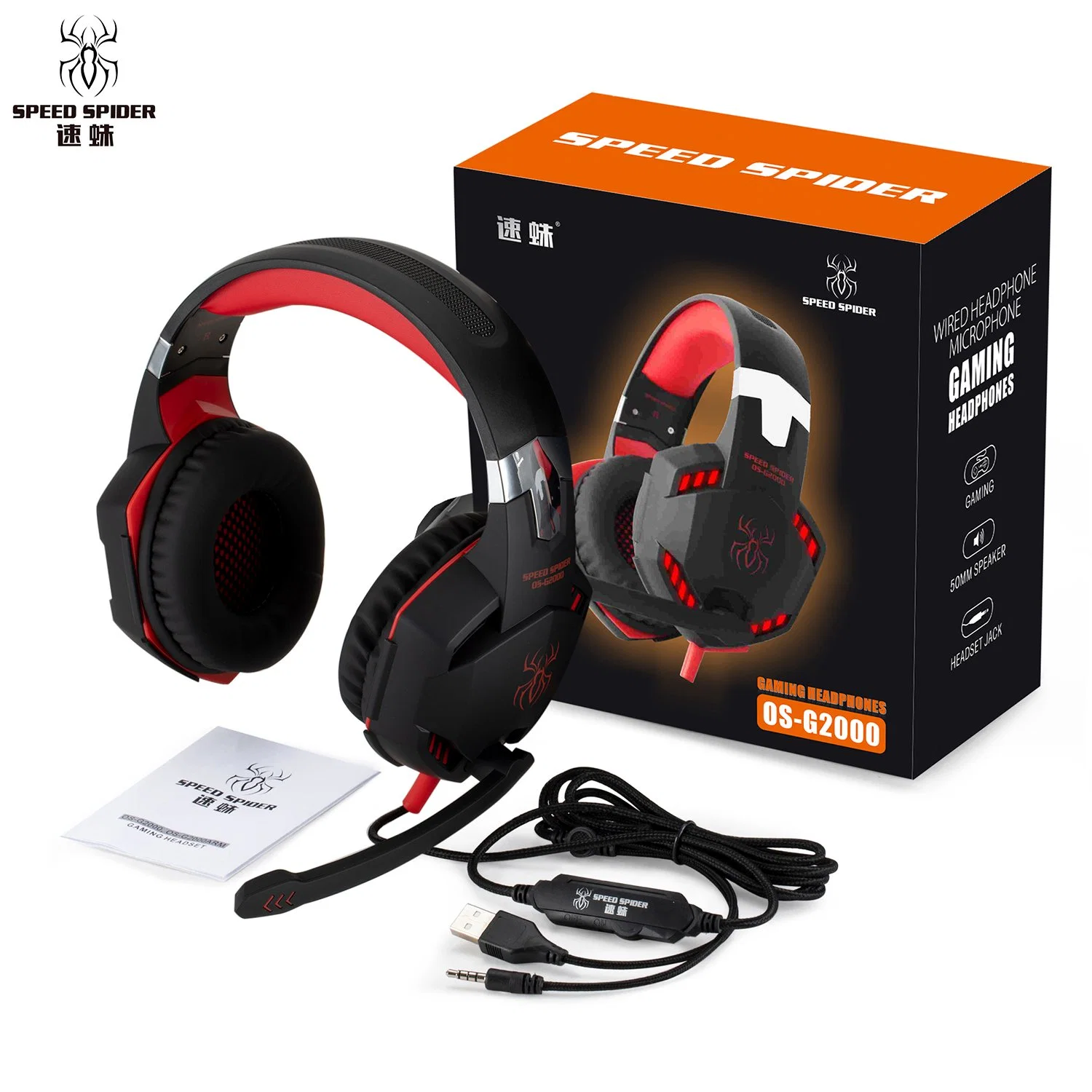 50mm Headband Computer Wired Gaming Headphone Headset Earphone with Mic LED Light