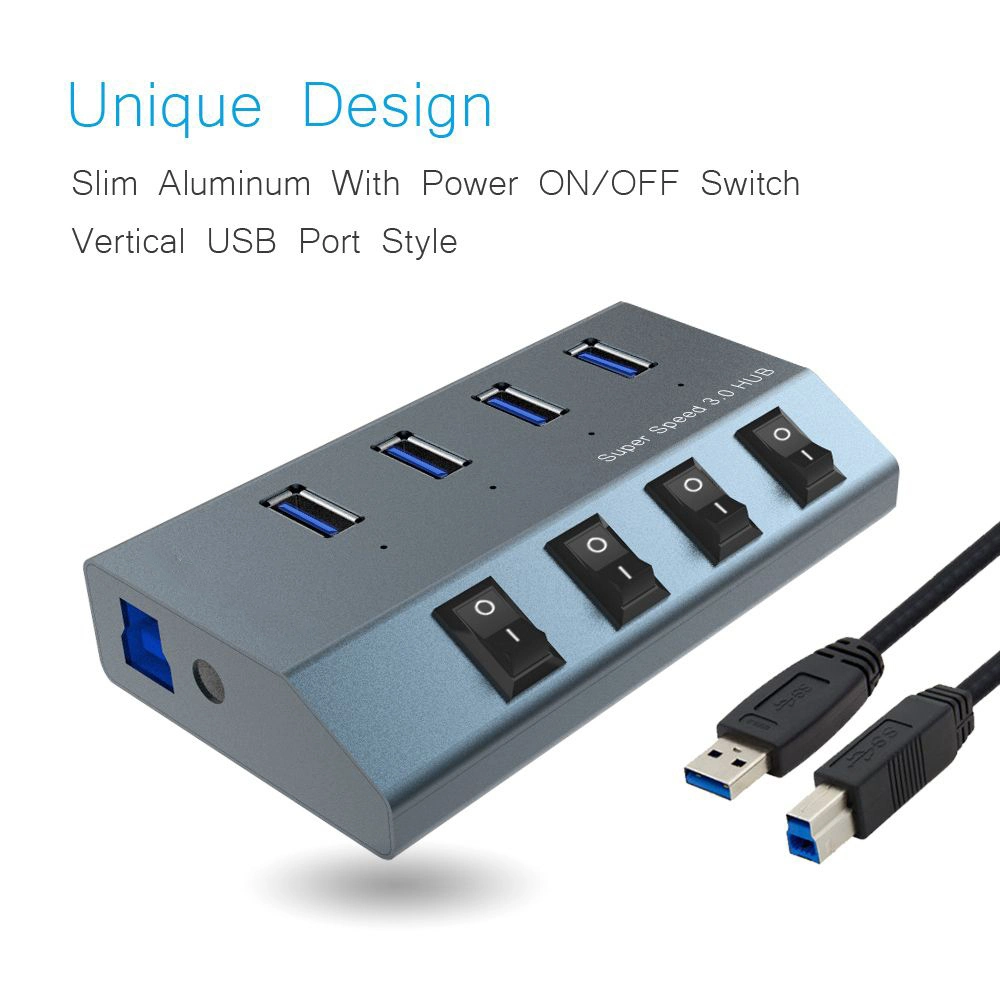 L'aluminium USB3.0 hub 4 ports avec adaptateur secteur et 4 commutateurs de puissance