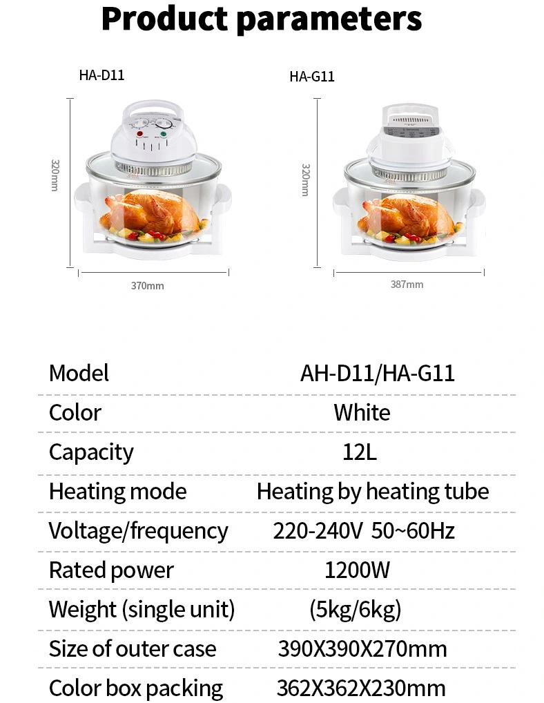 Estufa halógena de 12L de aire de vidrio visible de halógeno de freidora horno de convección halógena eléctrico microondas Cocina Silver Crest tazón de vidrio horno de convección halógeno Turbo Horno Venta