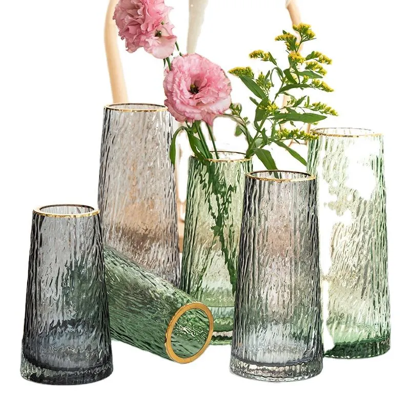 Motif de l'écorce de couleur en forme de T Cristal clair Arrangement de Fleurs de vérin de vase en verre transparent