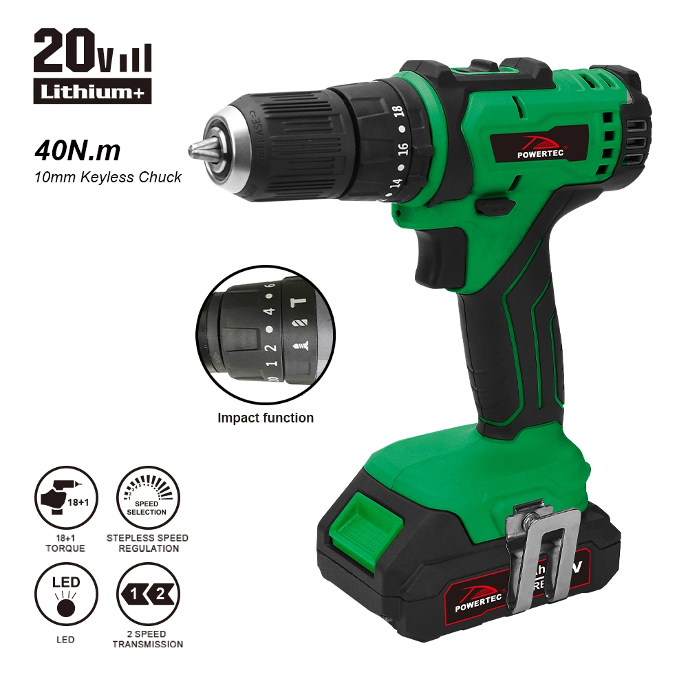 Powertec 10mm 40n. M Impact perceuse sans fil 20V avec LED