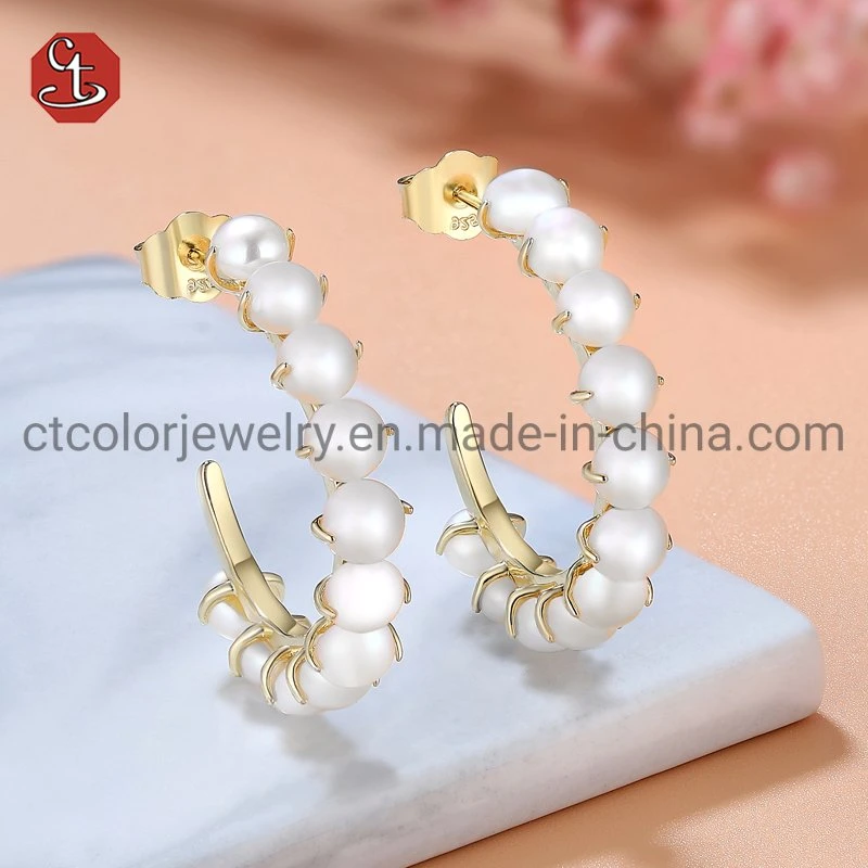 Fashion Customized Imitation  925 Sterling Silver 18K Gold Plated Fresh Water Pearl Earrings