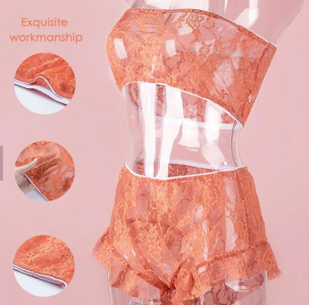 Ropa interior sexy de encaje transparente y malla para mujeres.