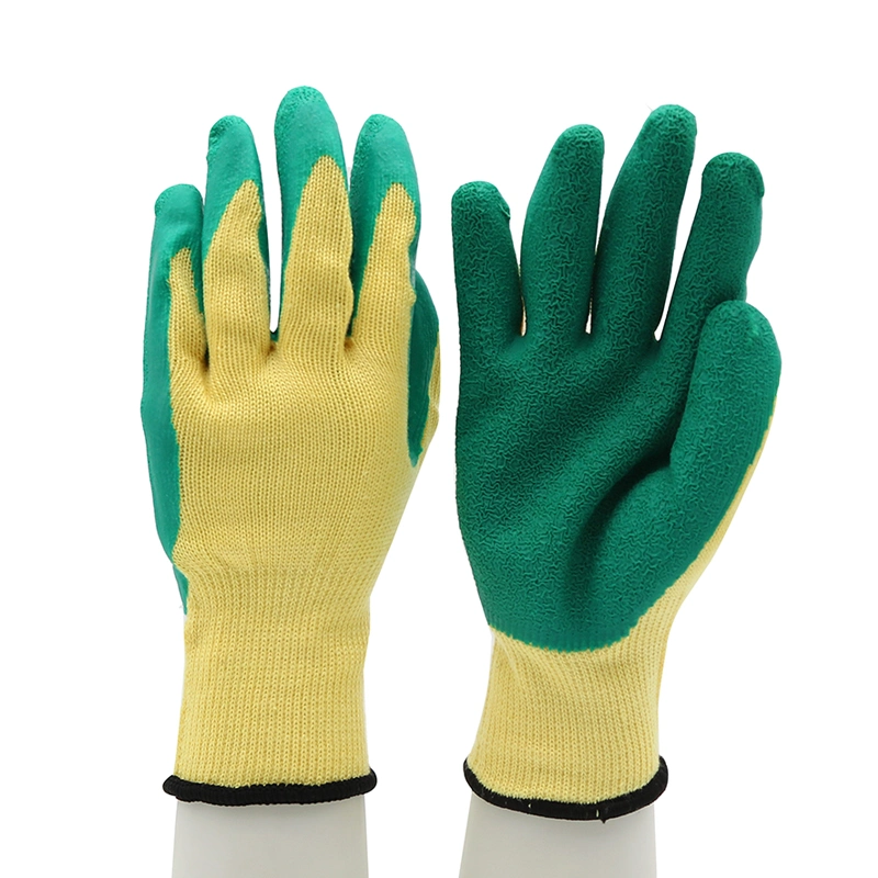 CE En 388 Custom Logo 21gauge 5 Yarns Cotton Liner Anti Slip Oil Chemical Resistant Green Latex Industrial Work Safety Gloves