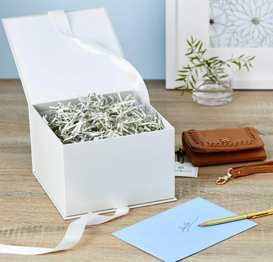 off-White Gift Box with Lid and Shredded Paper Fill for Weddings