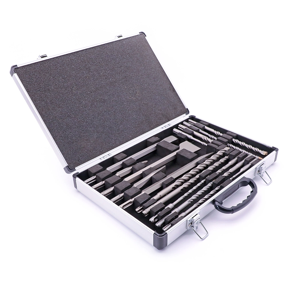 Conjunto de ferramentas para orifícios de alvenaria, conjunto de brocas e escopros 17PCS SDS, conjunto de brocas para martelo rotativo com caixa de armazenamento em alumínio