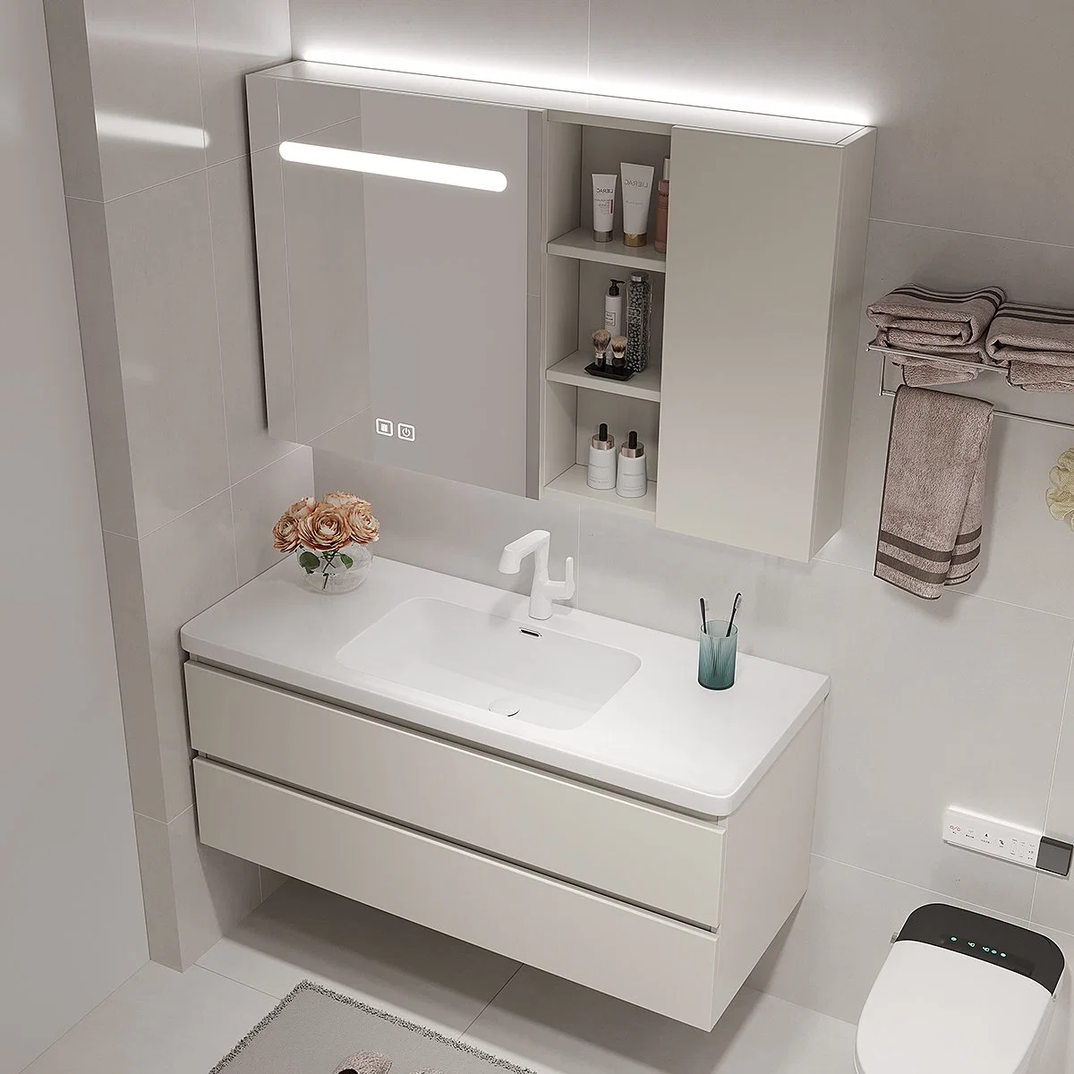 Nordic Bathroom Washbasin Cabinet Combination Cream Wind Bathroom Cabinet Seamless Rock Slab Integrated Basin Bathroom Cabinet