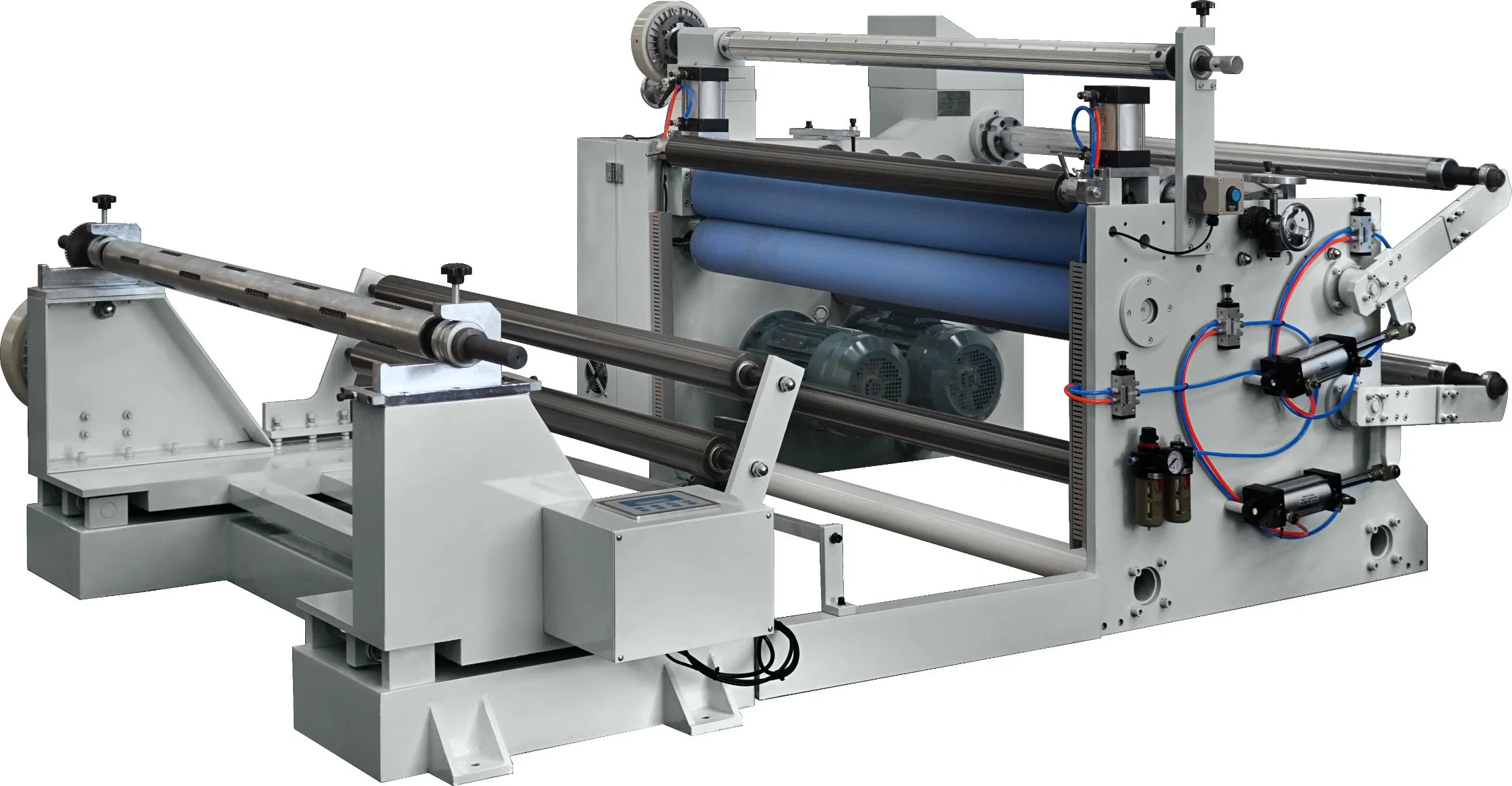 Máquina de rebobinado y corte de película de papel en rollo controlada por PLC automático industrial.