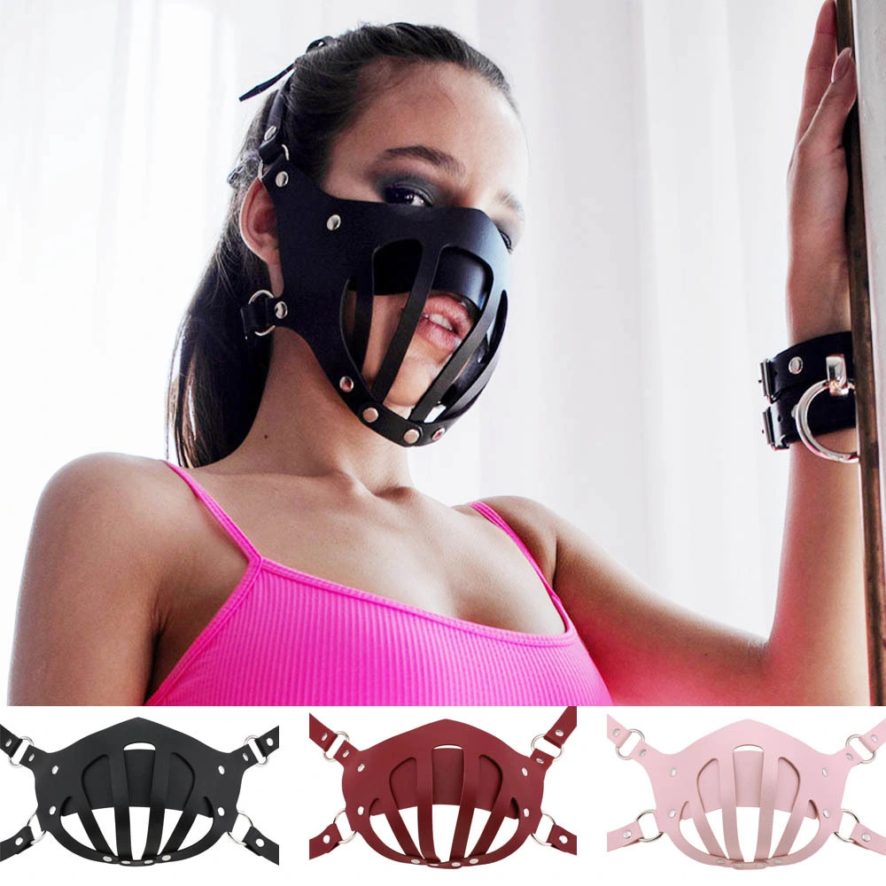 Bdsm Black Leather Harness-Type Headgear with Mouth Plug Funny Bondage Fetish Head Hood Headgear Sex Toys for Sm Game Play