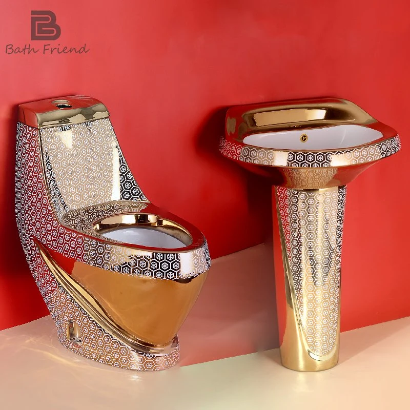 Mosaic Hotel Custom Gold Color Toilet Washdown One Piece Toilet Porcelain Ware Face Pedestal Basin Floor Mounted Toilet