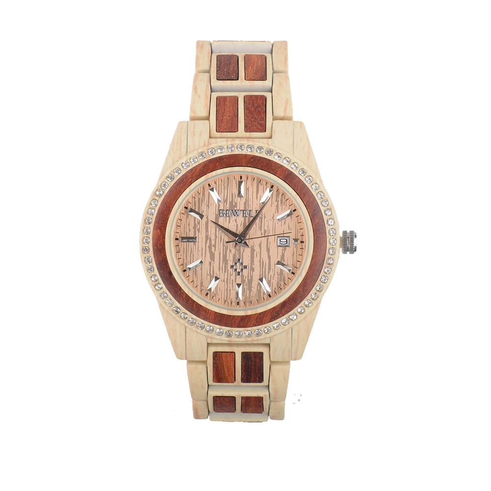 on Sales Bewell Watch Men Stainless Steel with Diamonds Wooden Case & Band Metal with Red Sandalwood Watch Quartz Wrist Watch