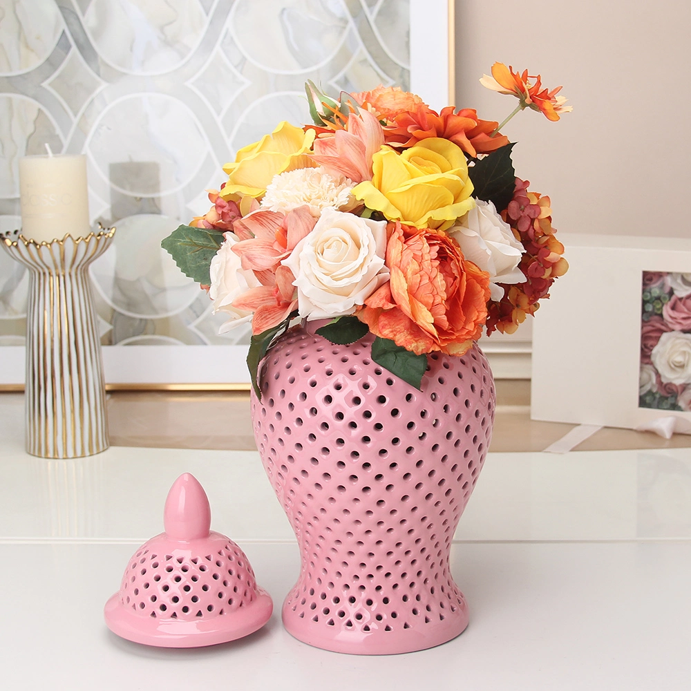 J156p Chic Fashion Porcelain Pink Flower Vase Wedding Centerpieces Ceramic Hollow out Ginger Jar Sets Modern Decoration for Home