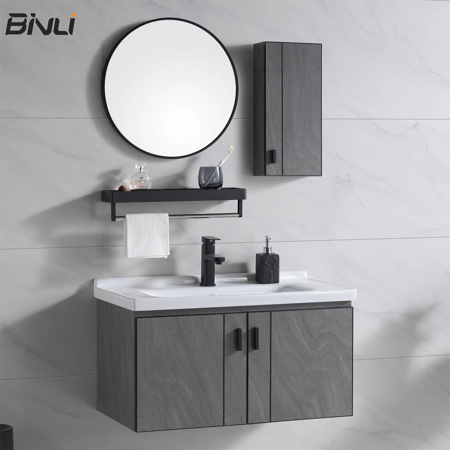 Modern Grey Melamine Wooden Full Set Bathroom Furniture Wall Mounted Ceramic Basin Vanity Cabinet