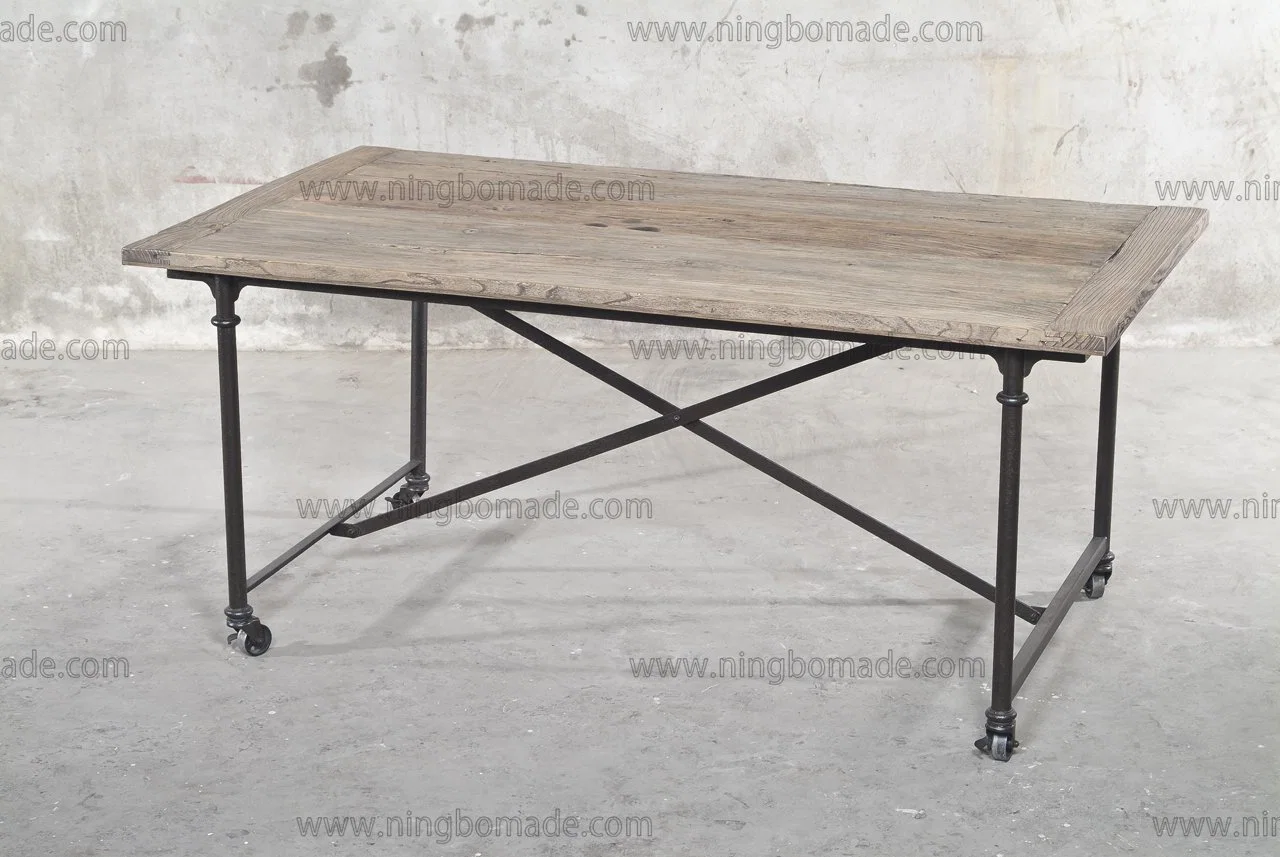 Reclaimed Wood with Rustic Black Iron Metal Movable Dining Table