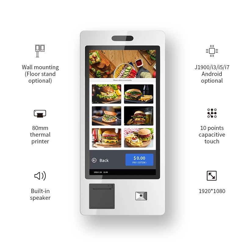 Sistema de encomenda de alimentos de terminal pos personalizado montado na parede de 32 polegadas Quiosque do serviço de autopagamento no ecrã de toque