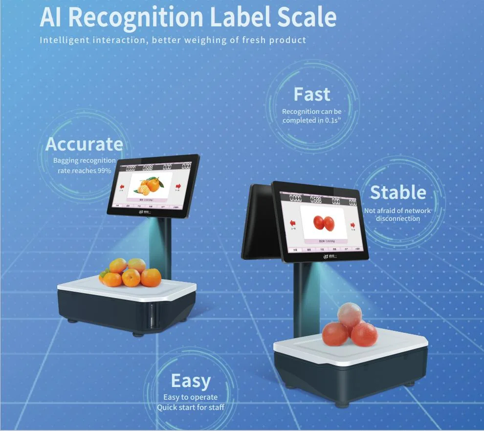 Escala de puntos de venta de AI con impresora de etiquetas escala identificada automática Para Frutas Vegetal Shop