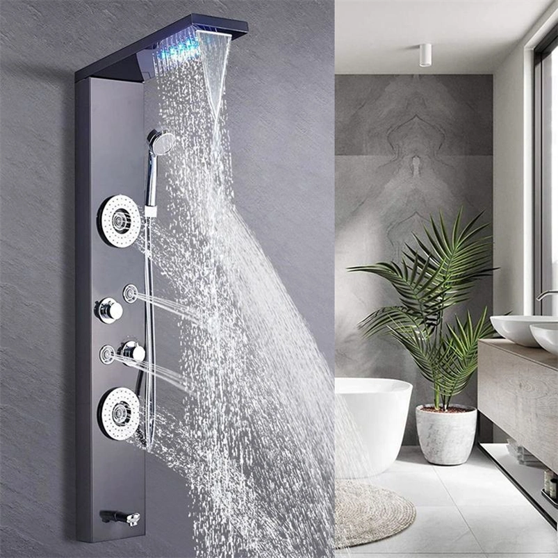 Acero Inoxidable Negro moderno en la pared del Panel de ducha con cascada, masaje cuerpo chorros de agua, luces LED, y una sola palanca para baños Apartamento