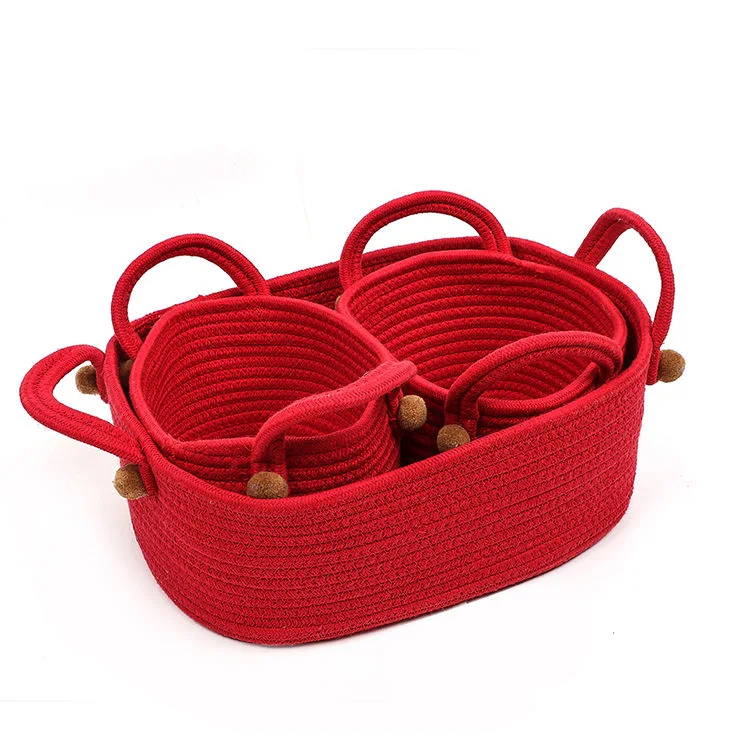 Round Woven Organizer Pompoms Red Storage Basket for Christmas Gift