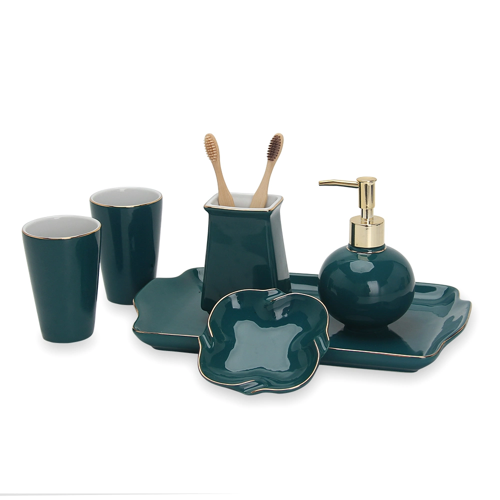 Br035A Custom Ceramic Bathroom Accessories Set 6 Piece Luxury Lotion Bottle Toothbrush Holder Towel Trays for Counter