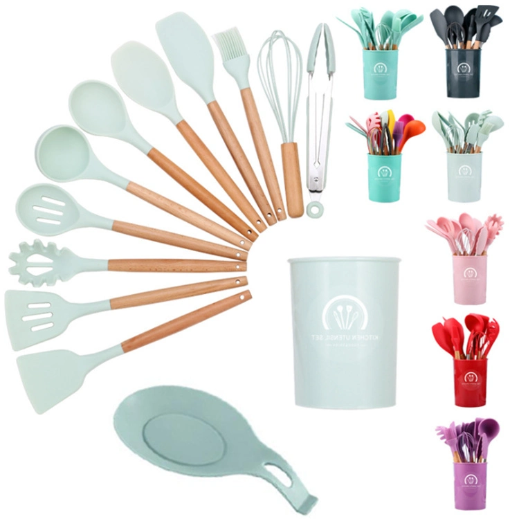 12PCS Non-Stick Silicone Kitchenware Cooking Tool Silicone Kitchen Utensils Sets with Wood Handle