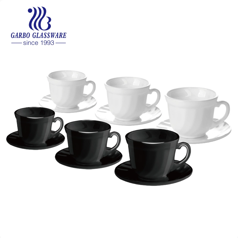 Hot Sale 6PCS Set Square Shape Black Opal Glass 220ml Tea and Coffee Drinking Set with Saucer