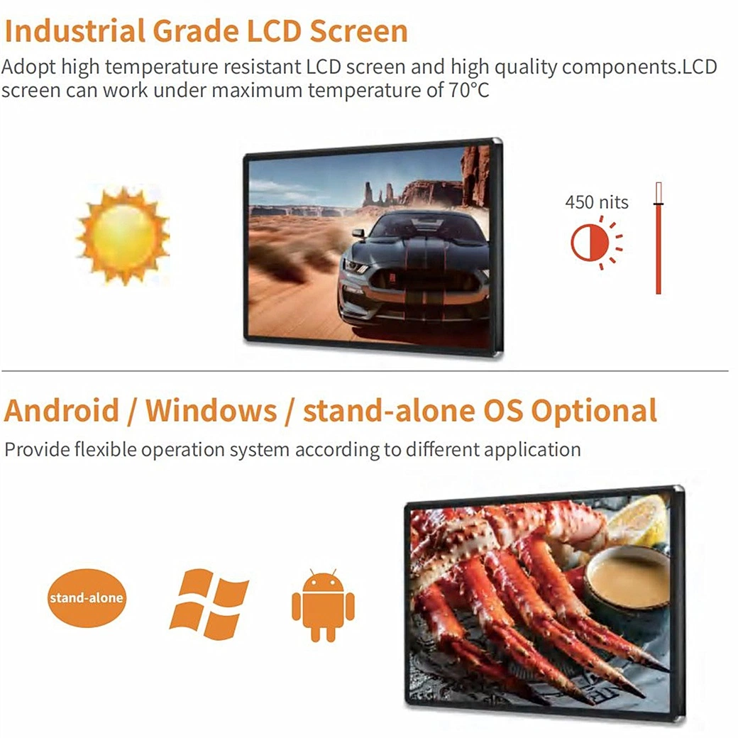 Painel LCD de 65 polegadas para montagem na parede para sinalização digital e. Apresenta o ecrã de publicidade do Kiosk do leitor de 55 polegadas Ecrã de toque na parede Ecrã do menu do tablet Android