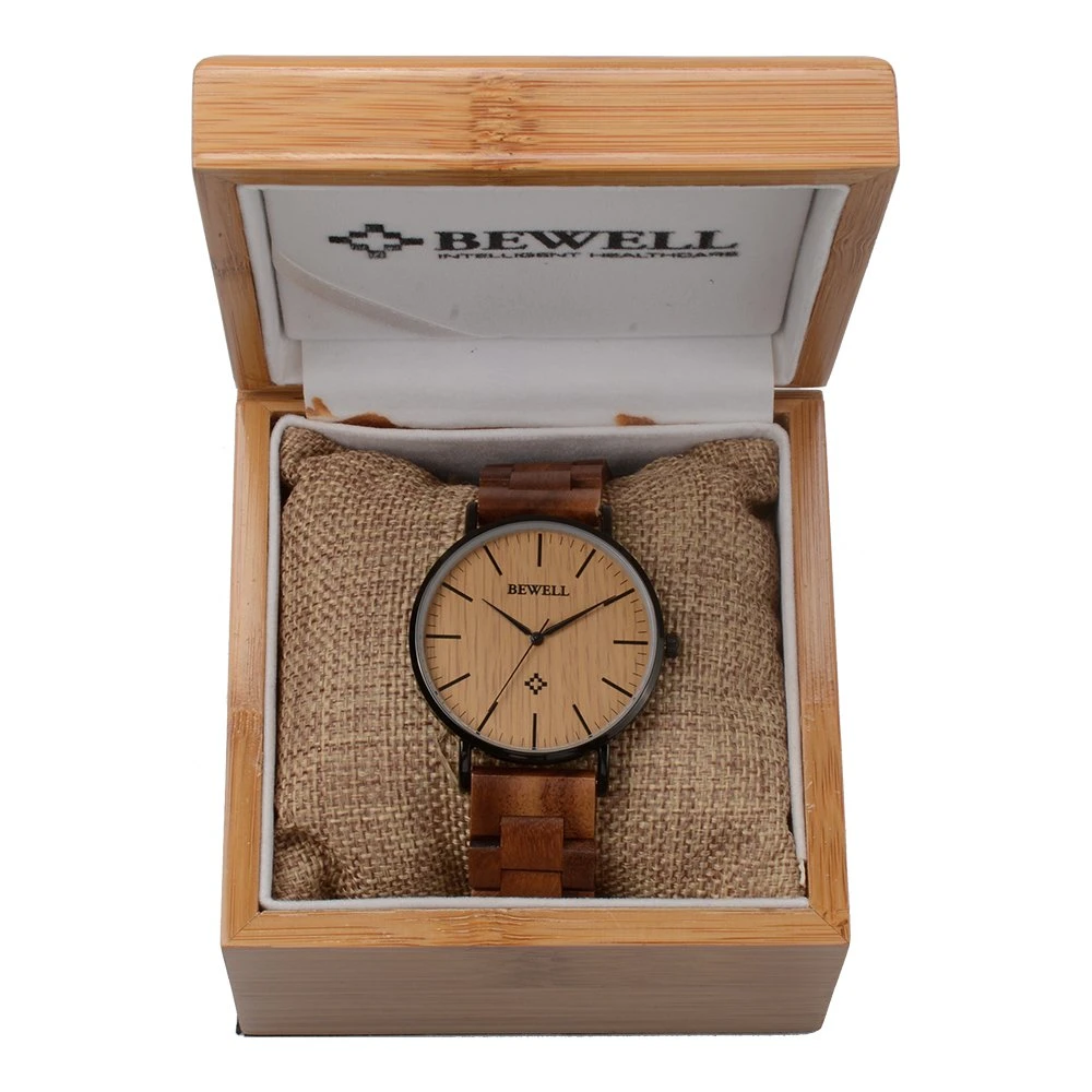 Bewell on Sales Fashion Minimalist Couple Watch Custom Logo Ss Wrist Watch with Wood Wristband