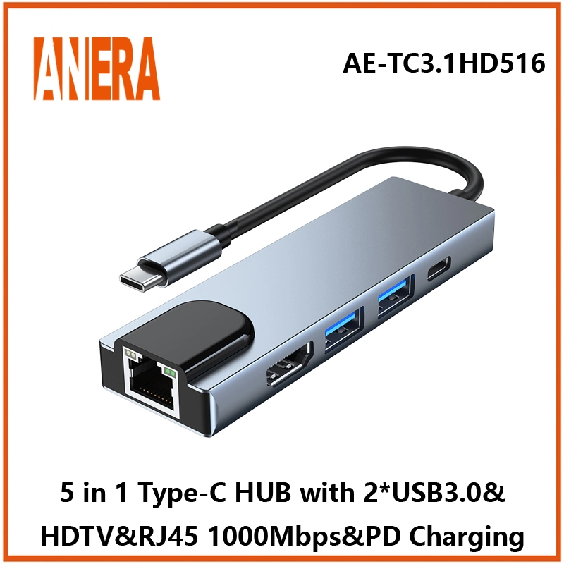 Anera High Performance 5 in 1 Multifunktions-USB C tragbar Nabenadapter-Konverter Typ C mit 1000Mbps LAN USB3,0 Hub Pd-Ladefunktion und HDMI