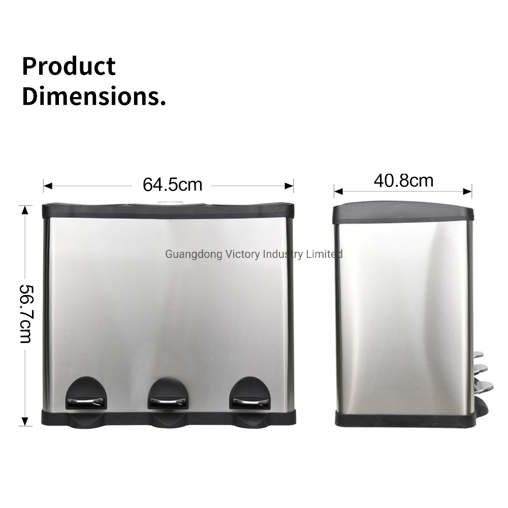 60L 3-Compartment Stainless Steel Pedal Recycle Trash Can Kitchen Dustbin