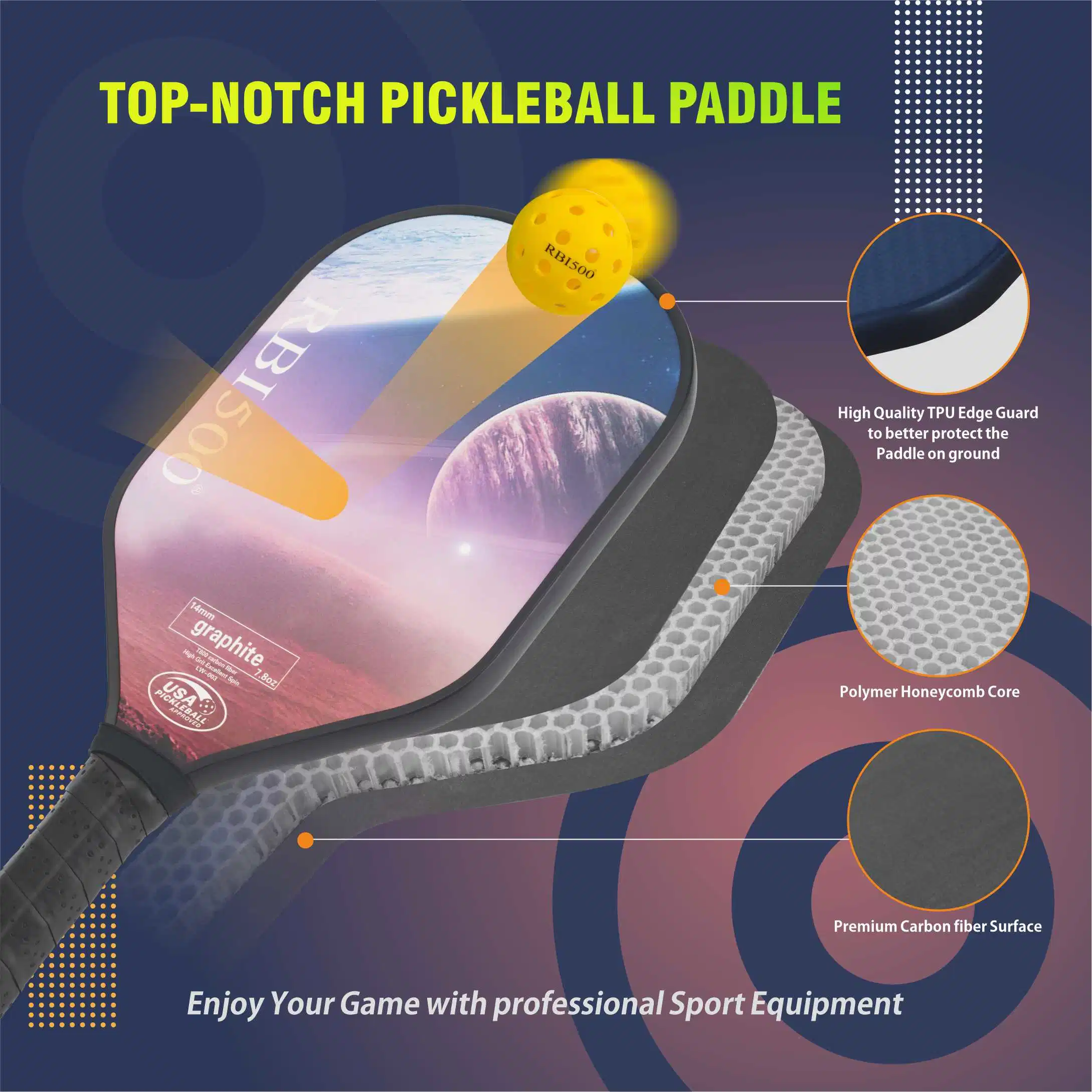 Usapa Approved Rbi500 T800 Carbon Fiber Pickleball Paddle Set with 2PCS Paddles, 4PCS Ball and a Bag