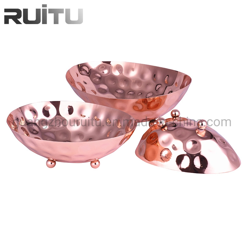 Arabic Table Decorative Restaurant Luxury Food Display Buffet Catering Equipment Hand Hammered Fruit Salad Bowl Set Rose Gold Metal Stainless Steel Salad Bowl