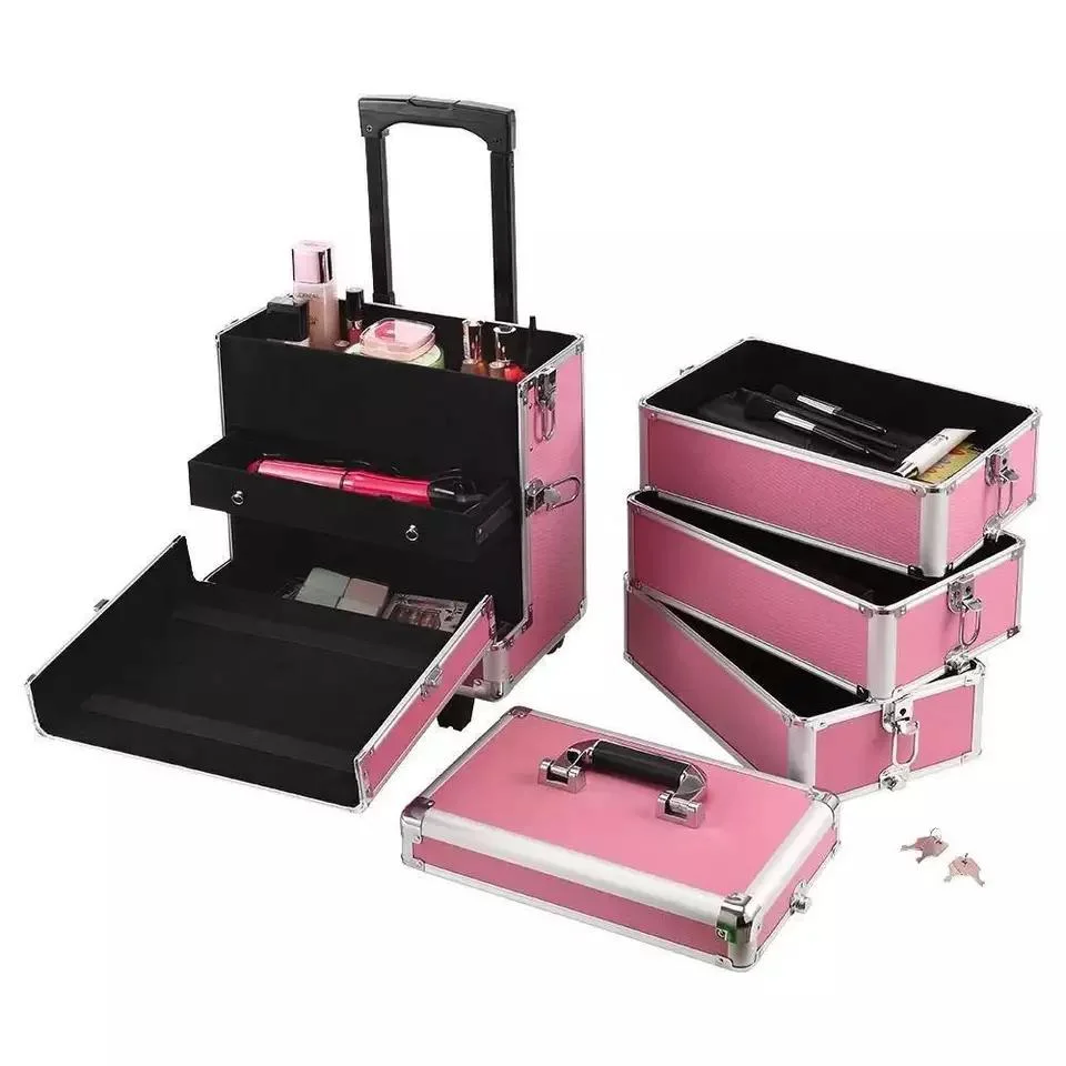 4in1 I Aluminum Suitcase Train Box Trolley Rolling Cosmetic Case with 360 Degree Wheels