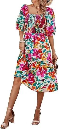 Ladies Fashion Short Sleeve Floral Skirt Square Collar Pleated Design Holiday Style Long Dress